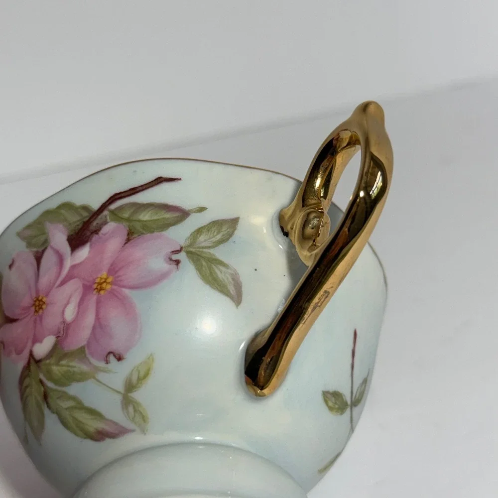 Vintage Lefton China Musical Teacup Pink Floral Gold Trim Footed Porcelain Japan